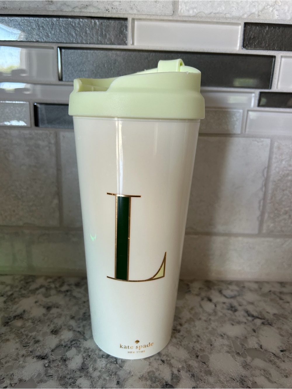 kate spade White Travel Tumbler with Pale Green Lid and Gold Letter L